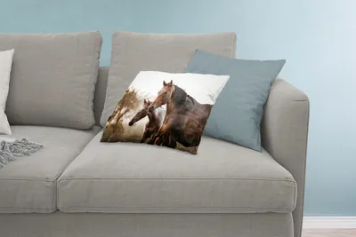 Produktbild von MuchoWow® Zierkissen Sofakissen Wohnzimmer Dekokissen 60x40 cm Pferde - Natur - Braun - Kopfkissen - Polster mit Foto