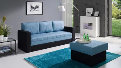 Produktbild von Sofa Schlafsofa LABRI 3-Sitzer inkl.Hocker Schwarz/ Hellblau