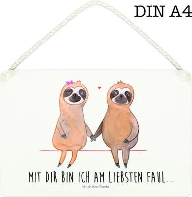 Produktbild von Mr. & Mrs. Panda Schild Faultier Pärchen DIN A4 - Weiß - Geschenk, Holzschild, kleine aufmerksamkeit, faul, Türschild, Beziehung, Liebe, Wandbild Holz, holzbild