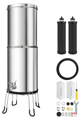 Produktbild von Schwerkraft-Wasserfilter - Edelstahl-Tischwasserfilter 12,3 L - Reduziert Blei & bis zu 99 % Chlor - 2 Aktivkohlefilter & 2 Fluoridfilter - Mit Wasserhahn & Ständer