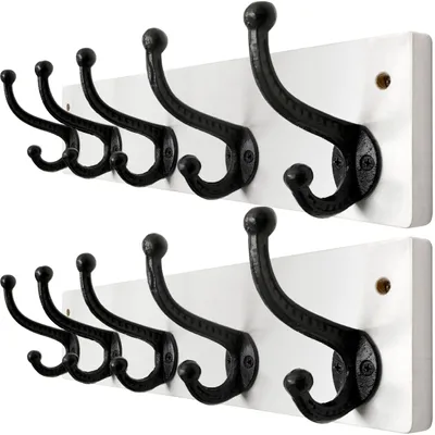 Produktbild von Set von 2 Rustikalen Wandgarderoben mit 5 Gusseisenhaken - Schwarz/Weiß