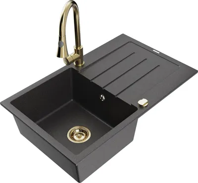 Produktbild von Mexen Bruno 1 Becken-Granitspüle mit Abtropffläche und Mischbatterie Elia, Schwarz gesprenkelt - 6513-76-670101-50