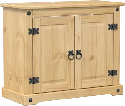 A light brown wooden cabinet with two doors and black metal hardware.