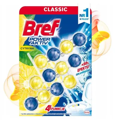 Packaging for Bref Power Aktiv WC toilet cleaner blocks with a lemon scent.
