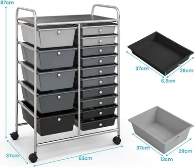 Immagine prodotto di Carrello con 15 cassetti impilabili Carrello laterale roll container con 15 cassetti argento 62,5 x 37 x 87 cm