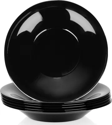 A stack of black plates on a white background.