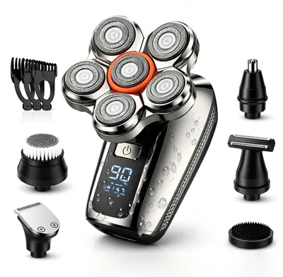 Produktbild von Elektrische Glatze Rasierer Kopfrasierer für Herren 6D 6-in-1 Silber Magnet-Kopfrasierer 6D