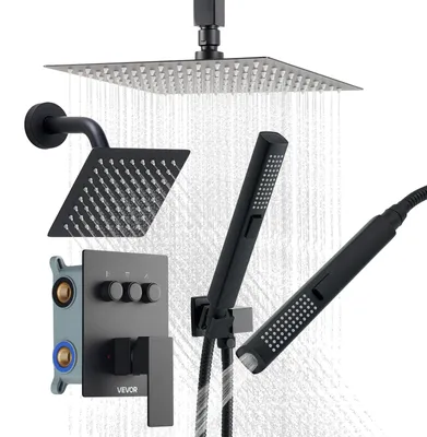 Duschsystem 3-Funktion, 25,5 cm Regenbrause, 6-Wandkopf, Handbrause, Mattschwarz