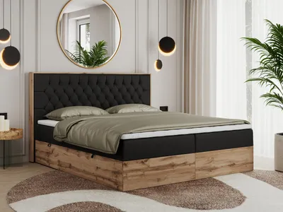 Produktbild von MKS MEBLE Boxspringbett 200x200 mit Bettkasten Eiche, Polsterbett 200x200 mit Matratze H3, Bett 200x200 mit Kopfteil, Bett mit Holzrahmen in Wotan Eiche - Schwarz Kunstleder - Amore