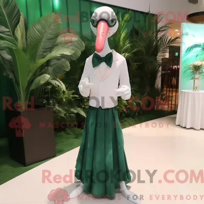 Produktbild von Maskottchenfigur REDBROKOLY eines waldgrünen Flamingos mit Brautkleid und Brille