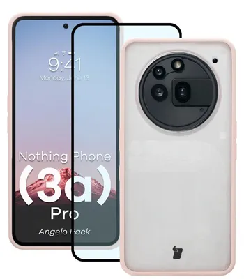 Produktbild von Schutzhülle + gehärtetem Glas für Nothing Phone (3a) Pro, Bizon Angelo Pack, Semitransparent mit rosem Rahmen