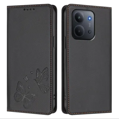 Obrázek produktu pro Kožené pouzdro pro Xiaomi Redmi 15C 5G/4G, motýlí ražbou, peněženkové flip pouzdro se stojánkem Černá