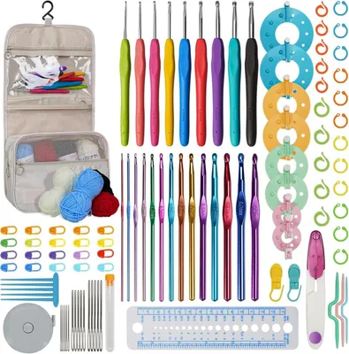 Produktbild von RealPlus 111 Stück Häkelnadel und Wolle Set für Anfänger mit Zubehör - Hochwertige Häkelnadeln, Maßband, Nadeln, Schere, Marker