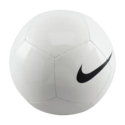 A white Nike soccer ball with a black Nike swoosh logo.