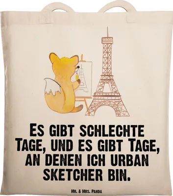 Produktbild von Mr. & Mrs. Panda Jutebeutel Fuchs Urban sketching - Transparent - Geschenk, Tote Bag, canvas tasche, Zeichenschule, Shopping, Malen, Künstler, Zeichnen, Uni