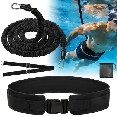 Produktbild von Vexyra Schwimmgurt Pool Erwachsene & Kinder, 2,5-7,5M Premium Naturlatex Schwimmhilfe mit Breit Dicke Hüftgurt, Schwimmseil Gegenstromanlage zum Einhängen, Schwimmtrainer Schwimmband Schwarz Gurt