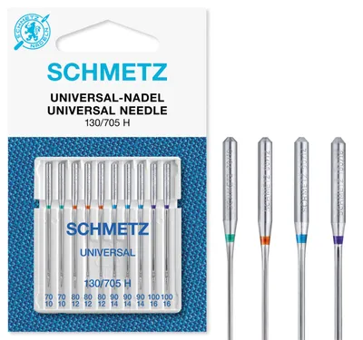 A package of Schmetz universal sewing machine needles.