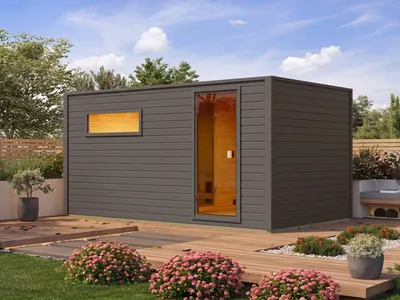 Produktbild von KARIBU Gartensauna Terragrau 6 Personen, Saunahaus mit Vorraum, bronzierte Ganzglastür, Fichtenholz, Infrarotkabine, Outdoor Sauna für Garten