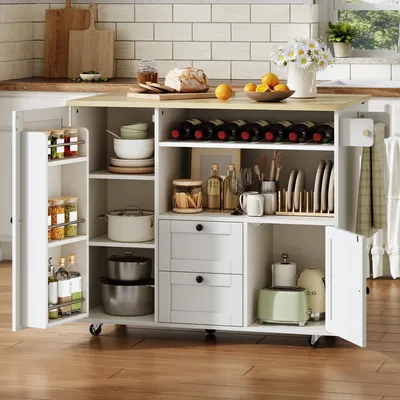Immagine prodotto di Isola mobile da cucina, dimensioni 104x45(69)x89 cm, con piano di lavoro pieghevole, portasciugamani, cassetto, portabottiglie per vino e ruote bloccabili.