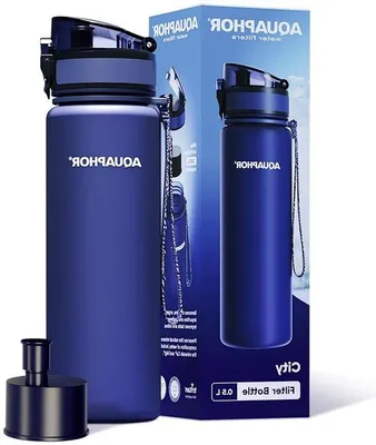 Produktbild von 500ml Navy Tritan Wasserflasche mit Aktivkohlefilter, Chlor und Schadstoffe entfernt, BPA-frei, für unterwegs.