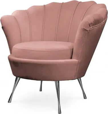 A pink velvet armchair with a shell-shaped back and silver metal legs, presented on a white background.