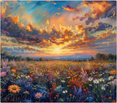 Produktbild von Spritzschutz Herdabdeckplatte Schneidebrett aus Glas Blumenwiese Sonnenuntergang 1-Teilig (60x52cm)