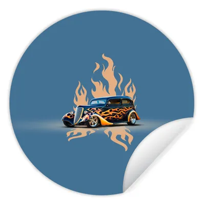 Produktbild von MuchoWow® Runde Wandtattoo - Wandsticker Tapete Aufkleber Auto - Oldtimer - Blau - Flammen Ø 80 cm Selbstklebend und Repositionierbar - Wandaufkleber - Kreis - Mauerkreis - Wand Bilder - Wandsticker - Wohnzimmer Dekoration - Dekoration für die Wände - Aluminium - Babyzimmer