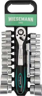 Image de Lot douilles et cliquet 20 pièces avec support | WIESEMANN 80041 | acier au chrome-vanadium | cliquet 1/2" | rallonge 125 mm | 8 à 32 mm | douilles 6 pans