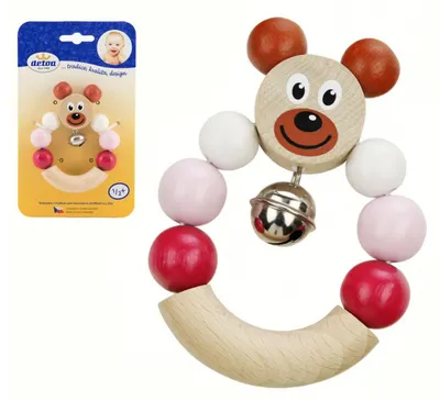 Obrázek produktu pro Chrastítko/Hrkadlo medvěd růžový dřevo 7x9cm na kartě 6m+