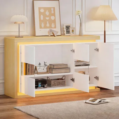 Produktbild von STILVORA Wohnzimmerschrank mit 4 Fächern und LED-Lichtleiste, Kommode mit Türen aus gehärtetem Glas, Hochglanz-Sideboard in Hochglanz für Flur Wohnzimmer und Büro,Beistellschrank