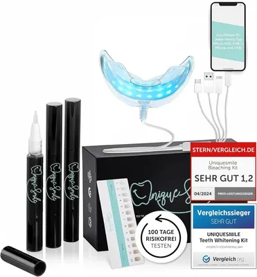Produktbild von Hochwertiges Teeth whitening kit von UniqueSmile - 2023-100 Tage risikofrei testen - All in One Bundle für Zahnaufhellung & weiße Zähne