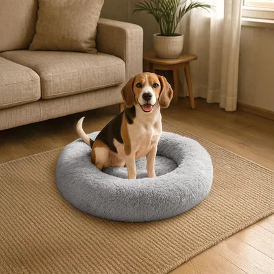 Image de belviona Lit pour chien Donut, lit douillet en peluche avec rembourrage doux, maintien sûr & bord ergonomique, 80 cm de diamètre, gris clair