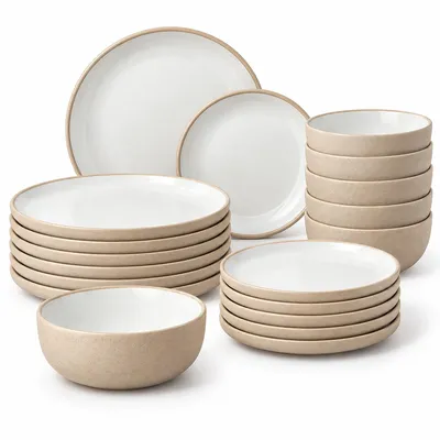 Obrázok produktu pre Sada keramického riadu v béžovej farbe, 18 kusov pre 6 osôb – taniere na hlavné jedlo (27,5 cm), dezertné taniere (21,4 cm), misky (750 ml), elegantná dekorácia na stôl, vhodné do umývačky riadu