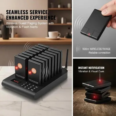 Produktbild von Funk-Restaurant-Pagersystem - Gästerufanlage - 500 m Reichweite - Vibration - Warteschlangenmanagement - Kunststoff - Schwarz