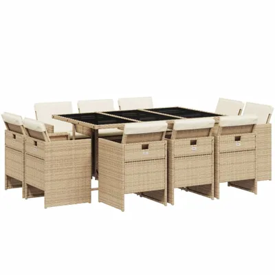 Produktbild von 11-tlg. Garten-Essgruppe mit Kissen Beige Poly Rattan
