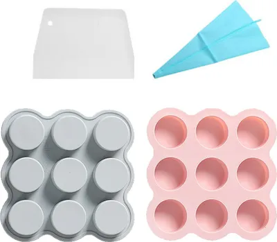 Obrázek produktu pro balení 2 forem na čokoládové koláčky, kulaté silikonové nádobí s 9 formami na válcovité cukroví, želé dorty, sendvičové sušenky v čokoládě, ručně vyráběná mini mýdla z pryskyřice