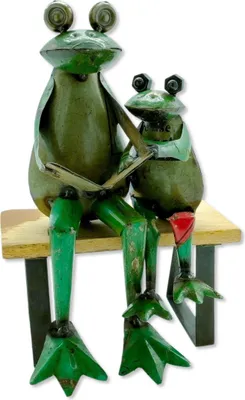 Produktbild von Metall Dekofigur Frösche auf Holz-Bank 21 x 31cm grün braun schwarz Garten-Figur Deko Frosch Skulptur Tierfigur