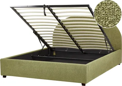 Produktbild von BELIANI Bett mit Bettkasten Olivgrün Bouclé Gepolstert 160 x 200 cm Lattenrost Hochklappbar Hohes Kopfteil Klassisch Retro Minimalistisch Schlafzimmer