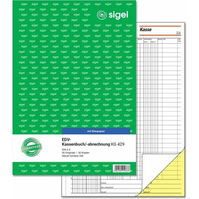 Produktbild von SIGEL KG429 EDV-Kassenbuch, Steuerschiene 300, 1. und 2. Blatt bedruckt, A4, mit Blaupapier, 2 x 50 Blatt