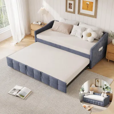 Obrázok produktu pre INONEFT, denná posteľ 90x200 cm, rozťahovacia posteľ, rozkladacia sedačka s latkovým roštom, denná posteľ ako hosťovská posteľ s opierkami, materiál: zamat, farba: sivá