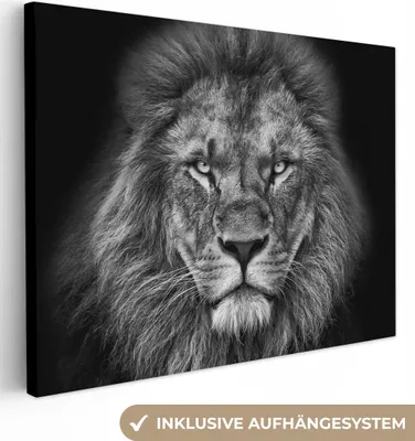 Produktbild von MuchoWow® - Leinwandbilder - Tiere - Löwe - Schwarz - Weiß - Porträt, Wandbild, Wanddeko Bilder Wohnzimmer, 80x60 cm