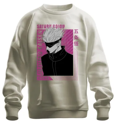 Imagen del producto de Sudadera con cuello redondo, diseño uni, con la imagen de Satoru Gojo de Jujutsu Kaisen, con pelo blanco y antifaz. Ideal como regalo para fans. Color: natural. Talla: 3XL