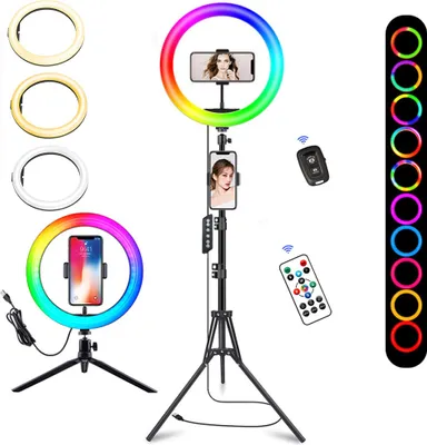 Produktbild von 10 Zoll Ringlicht mit 2 Stativ, Tisch LED Ring Light/Kamera Handystativhalter mit Ringleuchte für YouTube, Selfie, Makeup, Tik Tok, 18 RGB-Modi,160cm