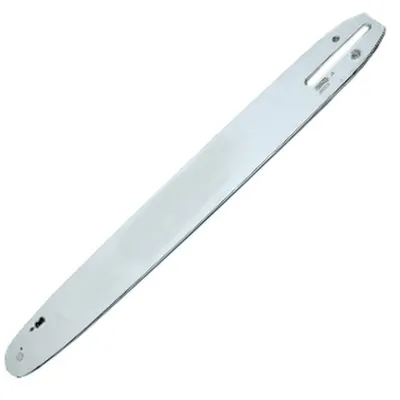 A silver chainsaw bar on a white background.
