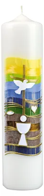 Produktbild von Kommunionkerze Weiß mit Kreuz, Taube & Kelch und Hostie 30 x 7 cm