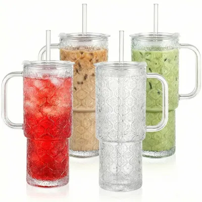 Gläserbecher 590 ml, 4er-Set, mit Deckel & Strohhalm, auslaufsicher
