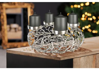 Zdjęcie produktu dla Gilde Adventsleuchter, rund, "Twigs", Aluminium, silberfarben, VE 1, H. 20 cm, D. 56 cm 15800 4001250432074