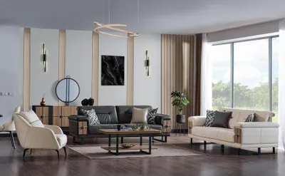 Produktbild von Sofagarnitur 3+3+1 Sitzer Wohnzimmer Set Komplett Textil Sofa Sessel Holz Neu