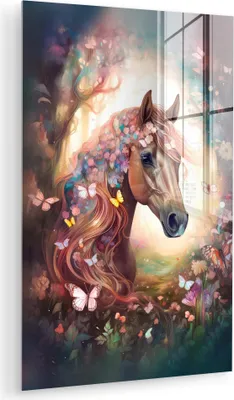 Produktbild von MuchoWow Glasbilder - Bilder auf Wandbild - Foto auf Glas Pferd - Natur - Blumen - Schmetterlinge - Wald 40x60 cm Wanddekoration aus Glas - Acrylglasbild - Acrylbilder - Gemälde - Bild von Glas