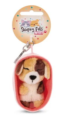 Produktbild von NICI Schlüsselanhänger Schlafender Hund 8cm dreifarbig, Korb heller Pfirsich